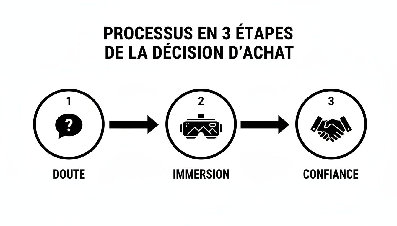 Diagramme du processus en 3 étapes de la décision d'achat: Doute, Immersion (réalité virtuelle), Confiance.