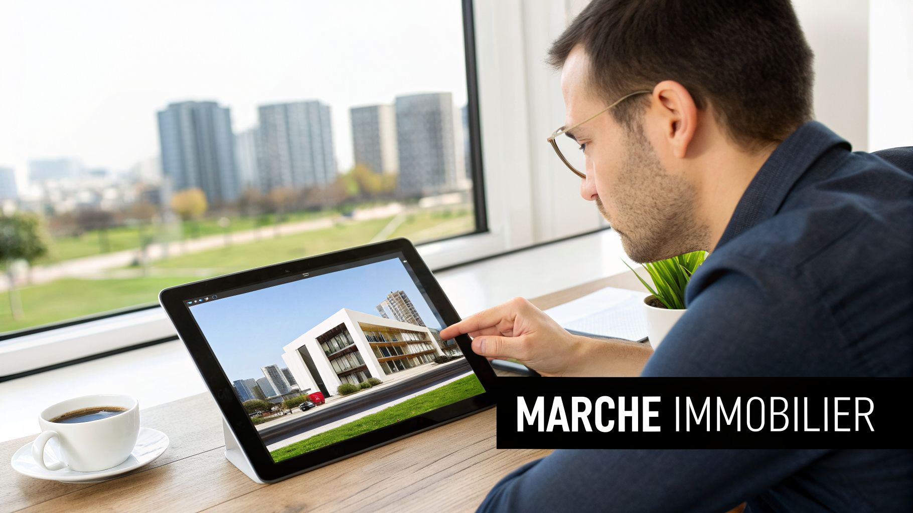 Homme regardant une tablette affichant un bâtiment moderne, avec un arrière-plan urbain et le texte 'MARCHE IMMOBILIER'.