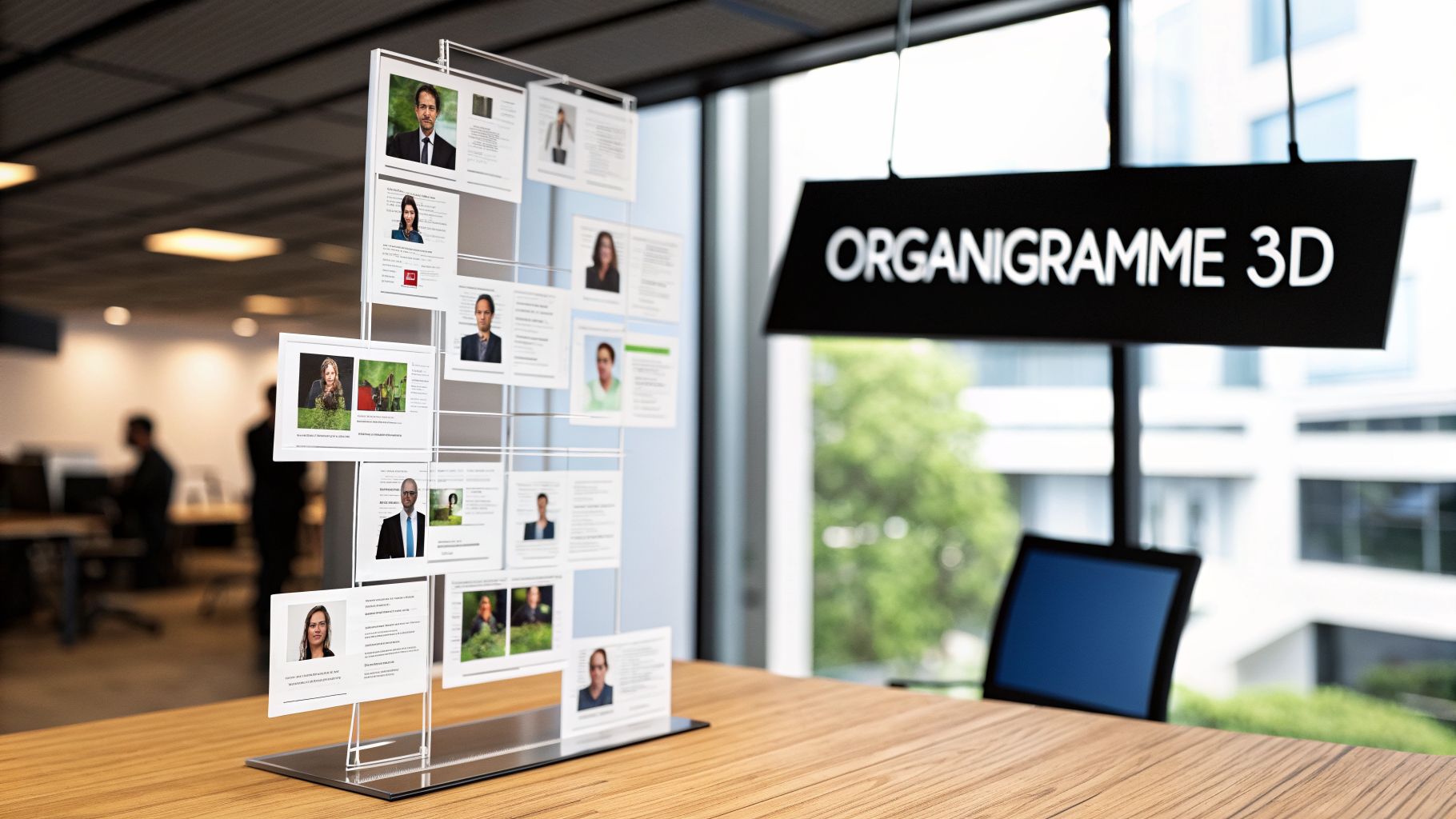 Un organigramme 3D moderne sur un bureau en bois, présentant des fiches de personnel dans un environnement de bureau lumineux.
