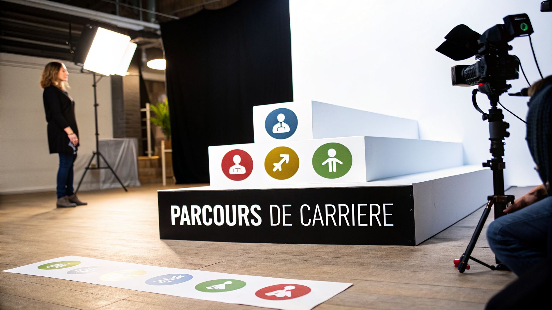 Une femme dans un studio de tournage devant un présentoir "Parcours de Carrière" avec icônes d'emploi.