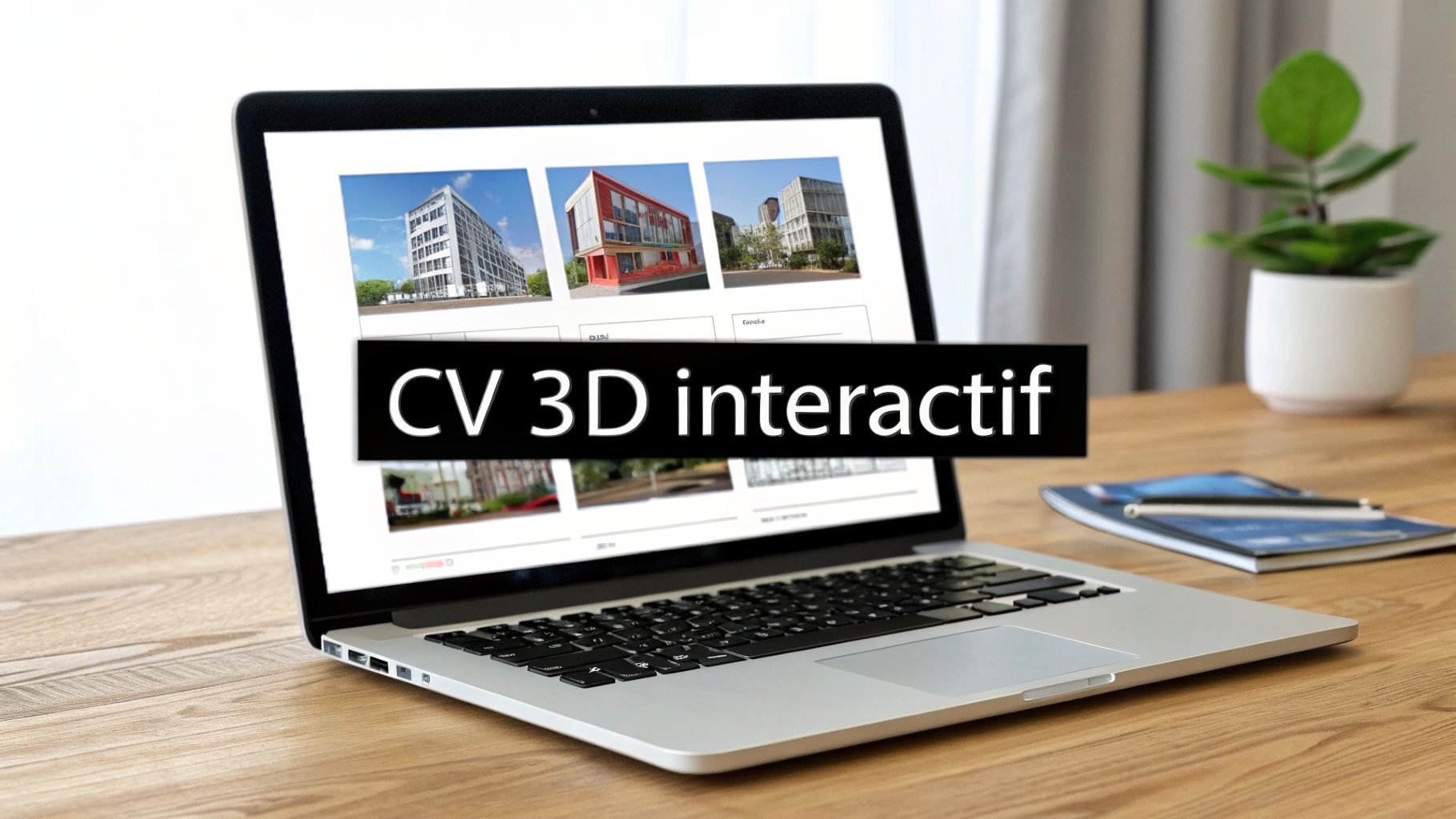 Un ordinateur portable sur un bureau en bois affiche des rendus 3D de bâtiments avec le texte 'CV 3D interactif' en surimpression.