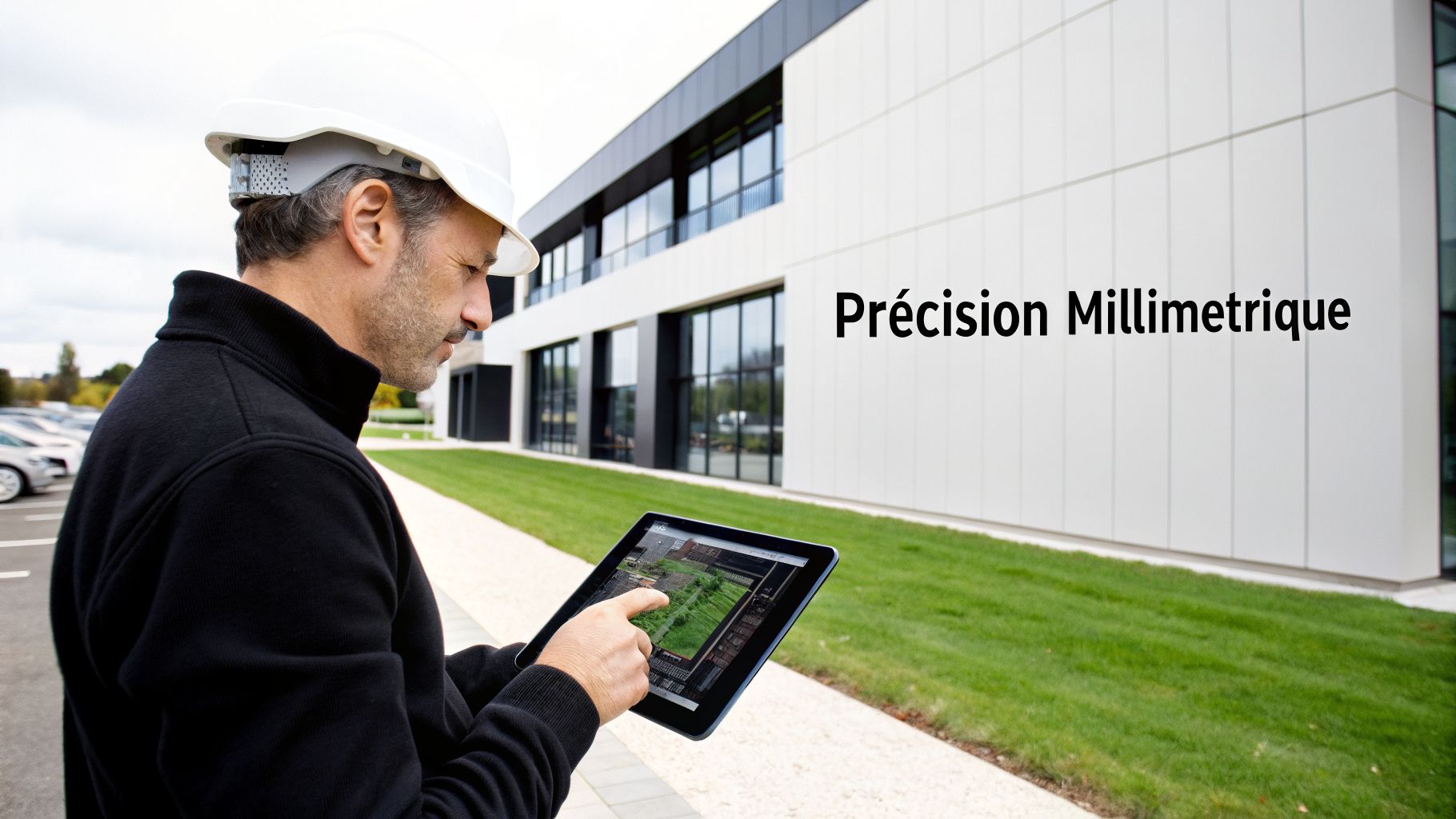 Un ingénieur en casque blanc utilise une tablette pour un relevé de précision devant un bâtiment moderne.