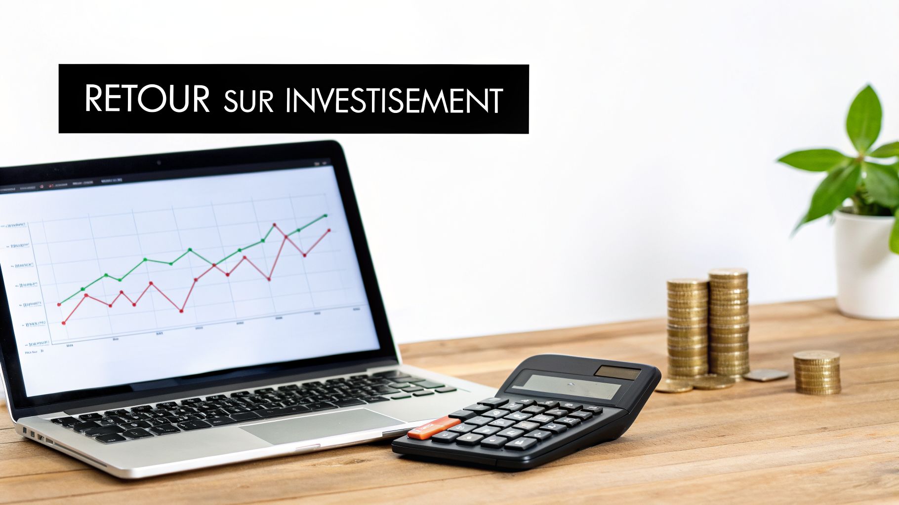 Un ordinateur portable avec un graphique financier, une calculatrice et des piles de pièces. Le texte "RETOUR SUR INVESTISSEMENT" apparaît en haut de l'image.