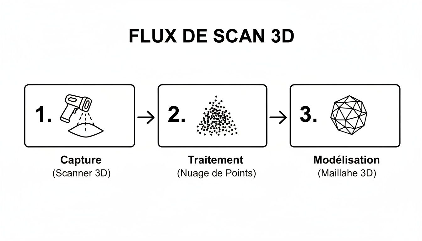 Schéma illustrant les trois étapes du flux de scan 3D : capture, traitement des nuages de points et modélisation en maillage 3D.