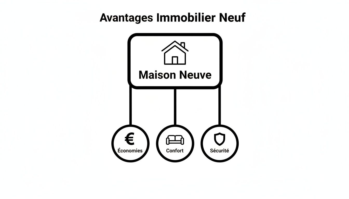 Infographie illustrant les avantages d'une maison neuve: économies, confort et sécurité pour l'achat immobilier.
