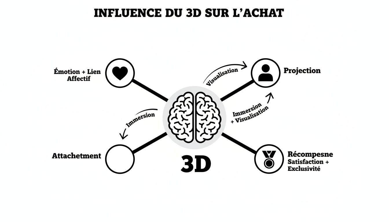 Diagramme illustrant comment la 3D impacte l'achat à travers l'émotion, la projection, l'attachement et la récompense.
