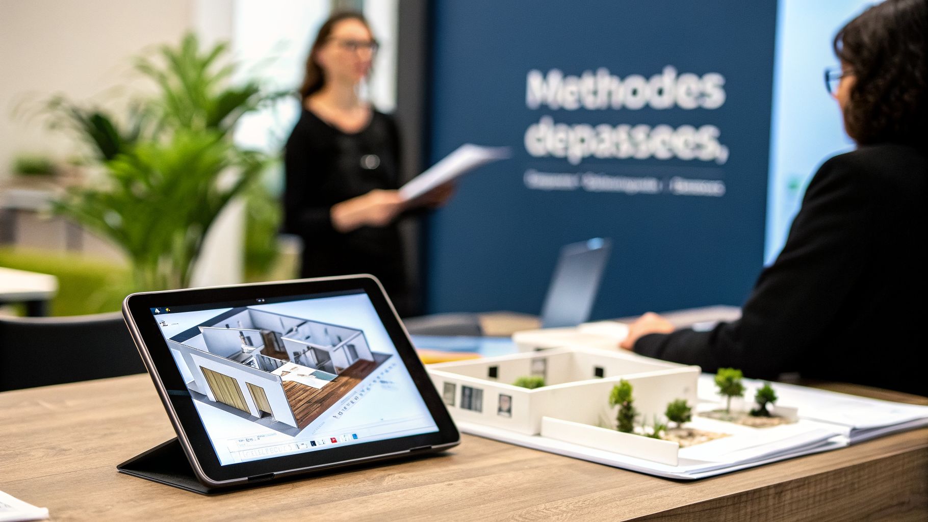 Une tablette affiche un simulateur de maison en 3D sur une table en bois, avec un modèle architectural physique et des personnes en arrière-plan.