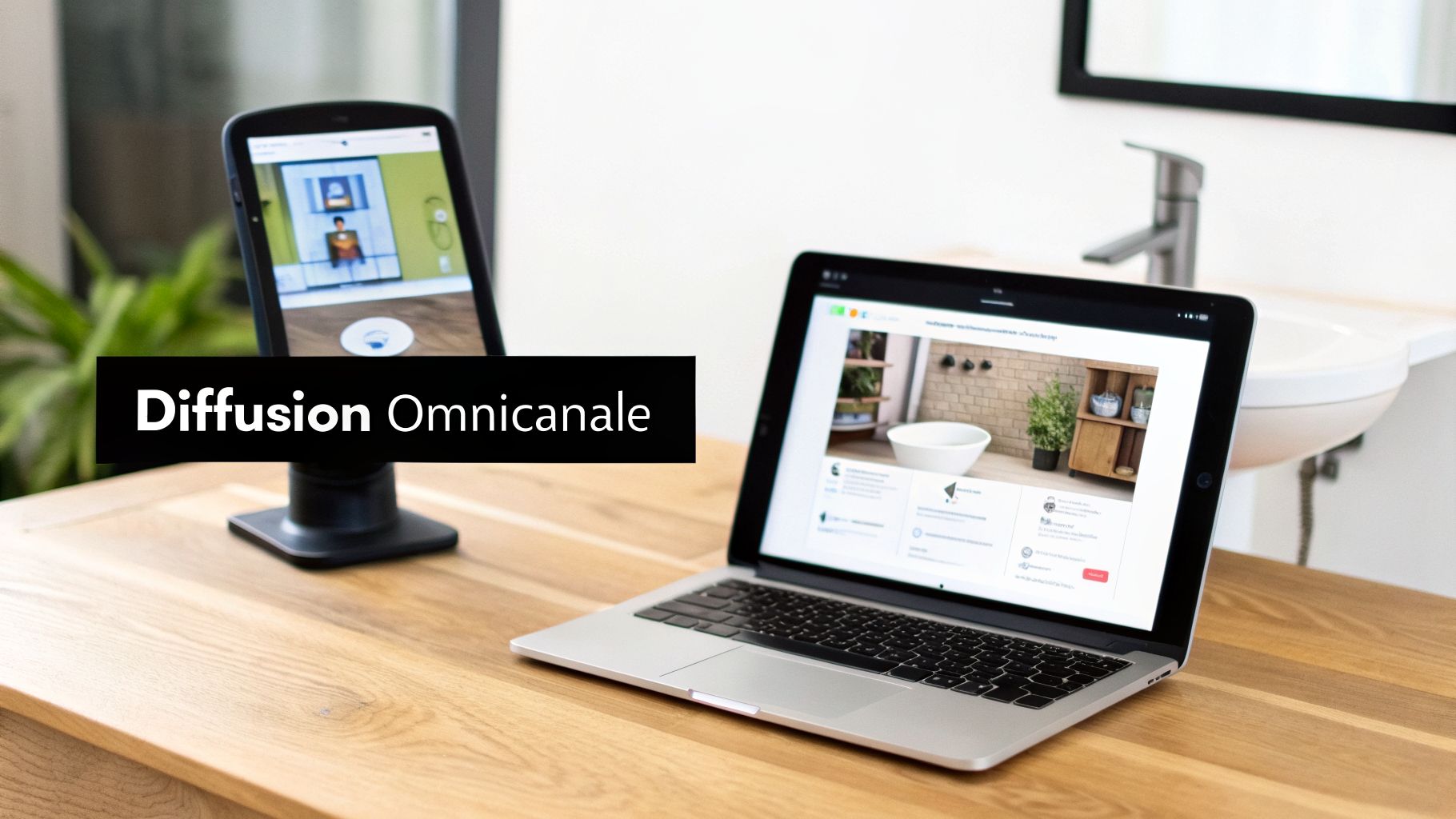 Une tablette affiche une simulation 3D de pièce et un ordinateur portable présente des idées de salle de bain, avec le texte "Diffusion Omnicanale".