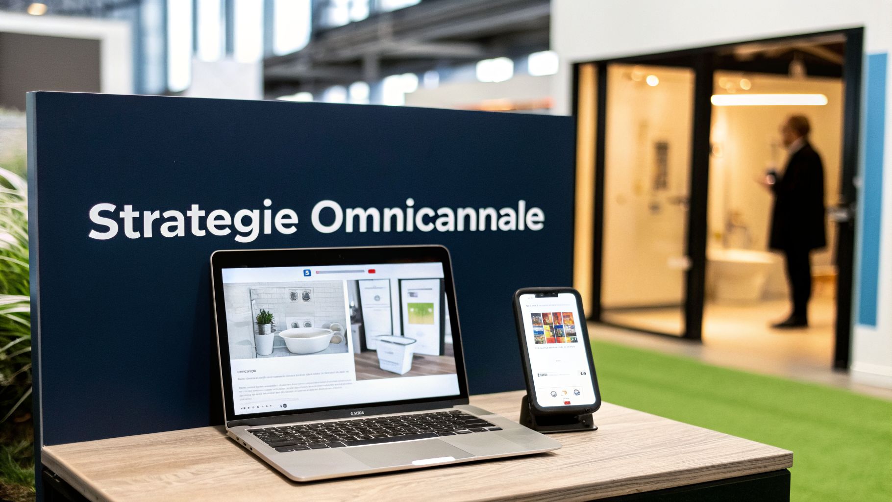 Un ordinateur portable et un smartphone affichent des designs de salle de bain sur un bureau en bois avec un panneau "Stratégie Omnicanale".