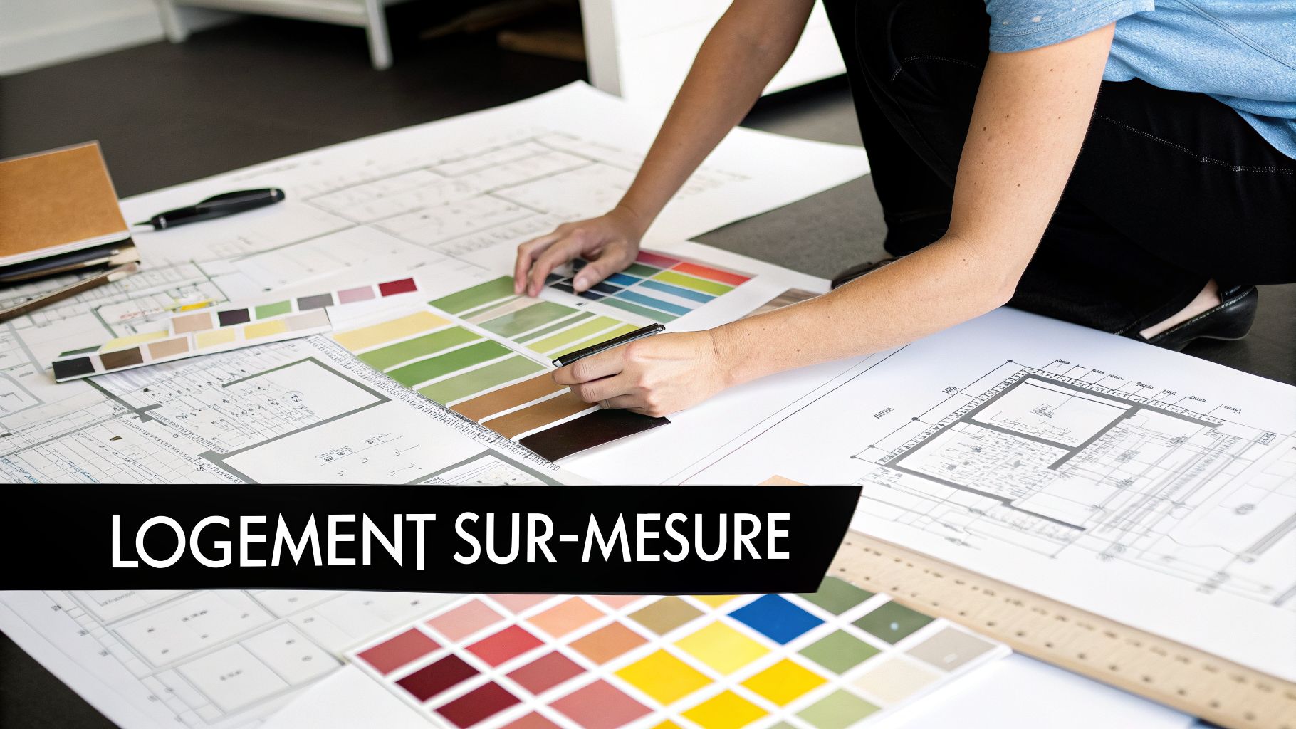 Personne travaillant sur des plans architecturaux et des échantillons de couleurs pour un logement sur-mesure.