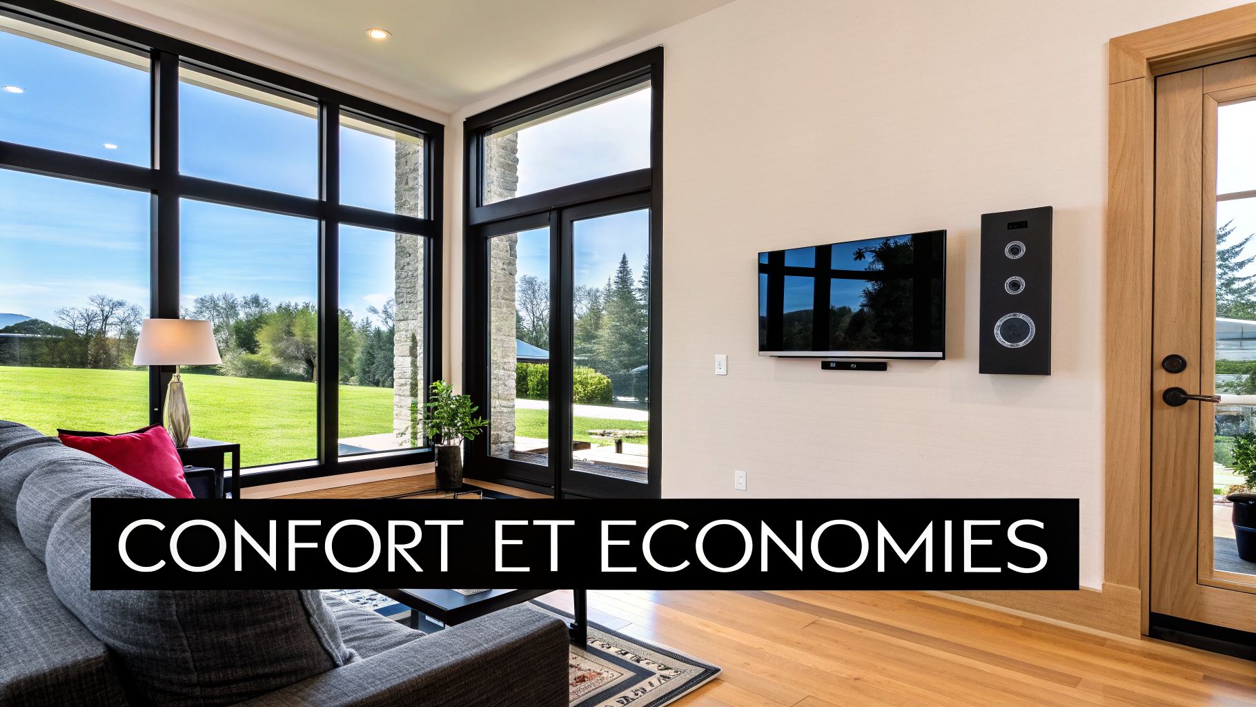 Un salon moderne avec de grandes fenêtres, un canapé confortable, une télévision et une vue sur la nature, suggérant confort et économies.