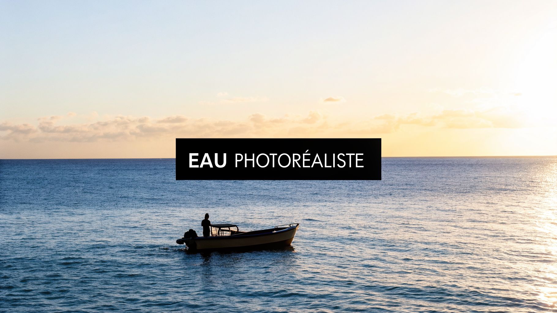 Coucher de soleil paisible sur l'océan avec un bateau et un homme en silhouette, soulignant une eau photoréaliste.