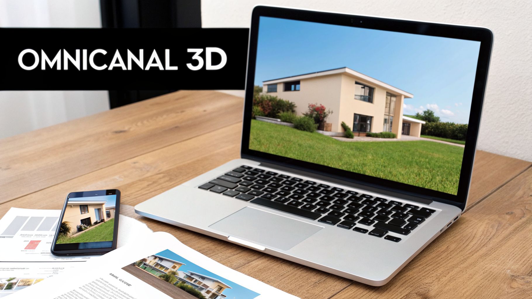 Ordinateur portable, smartphone et documents sur un bureau en bois, affichant une maison moderne. Bannière 'OMNICANAL 3D' en haut à gauche.