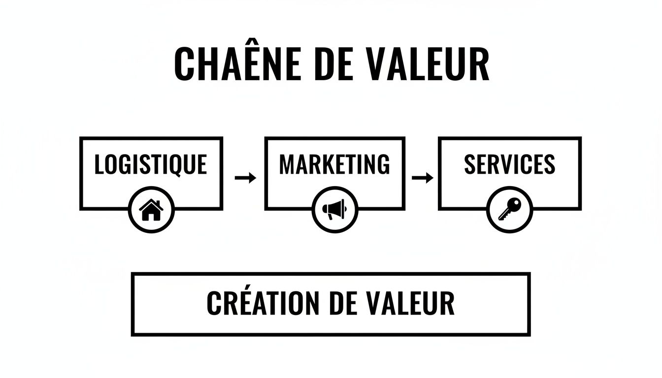 Diagramme de la chaîne de valeur d'une entreprise, illustrant la logistique, le marketing et les services menant à la création de valeur.