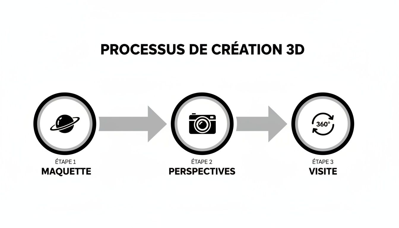 Infographie illustrant le processus de création 3D en trois étapes: maquette, perspectives et visite virtuelle.