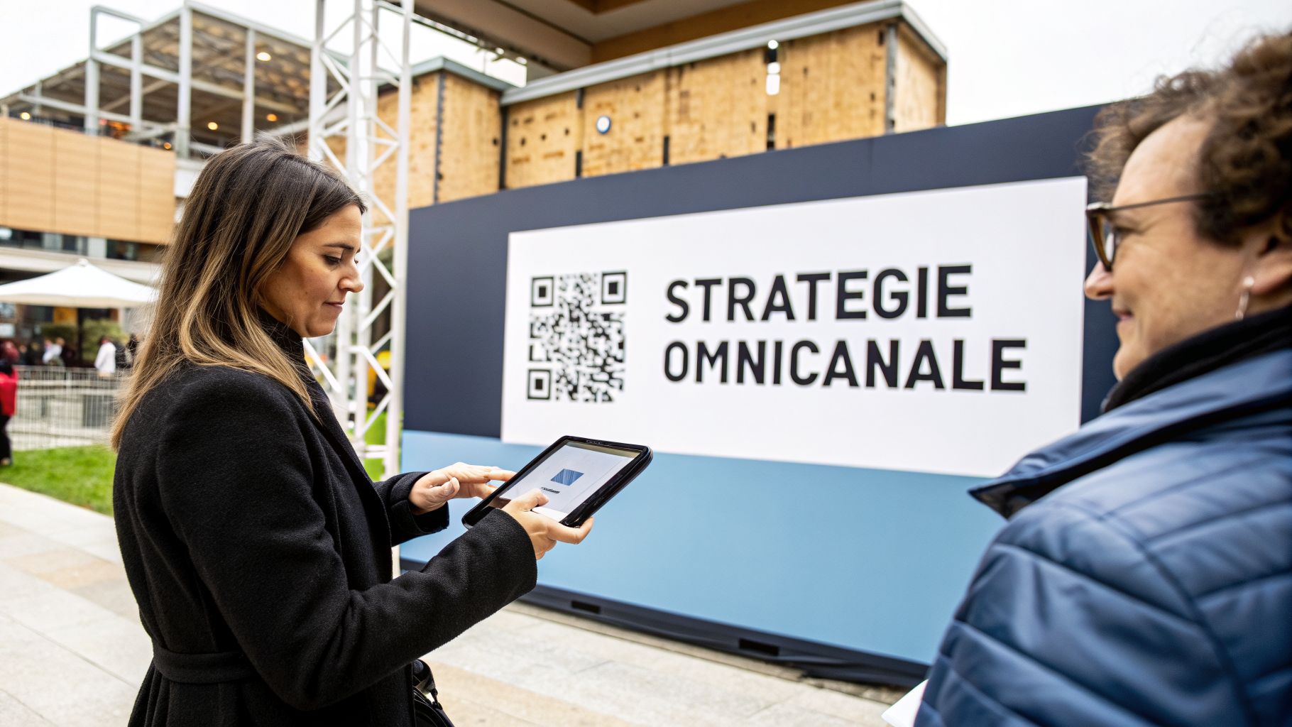 Une femme scanne un QR code sur une tablette devant une affiche «STRATEGIE OMNICANALE».