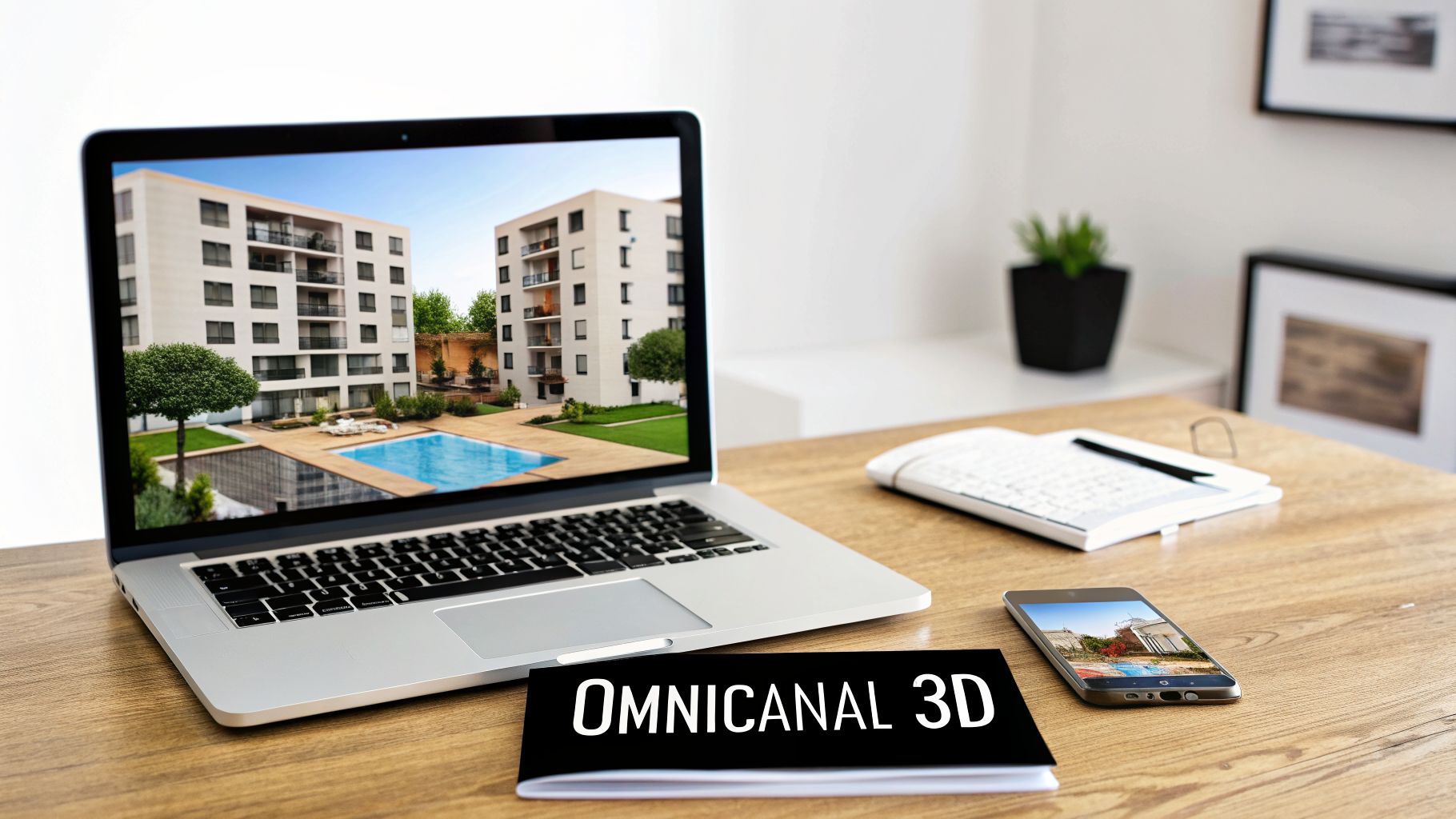 Un ordinateur portable et un smartphone affichent des rendus 3D d'un complexe résidentiel avec piscine, un livre marqué Omnicanal 3D est posé sur la table.