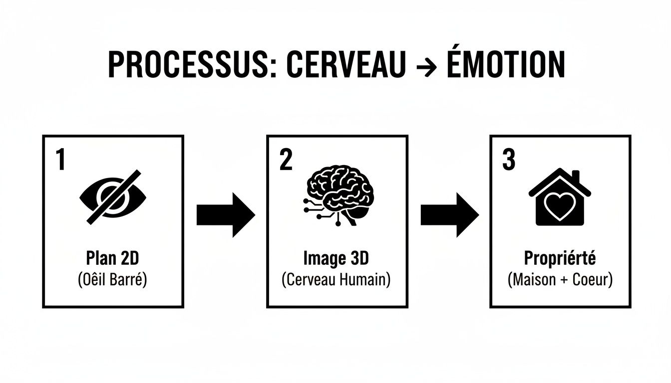 Diagramme du processus de transformation d'un plan 2D visuellement bloqué en une image 3D cérébrale, menant à l'émotion de propriété symbolisée par une maison et un cœur.