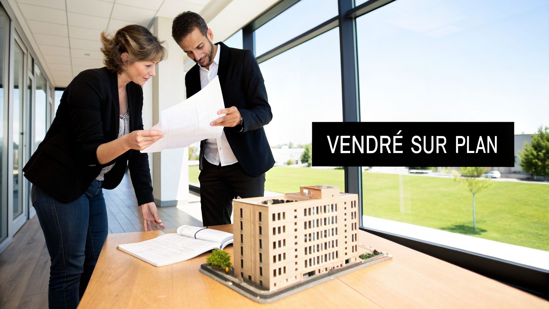 Deux professionnels de l'immobilier analysent des plans architecturaux devant une maquette de bâtiment.