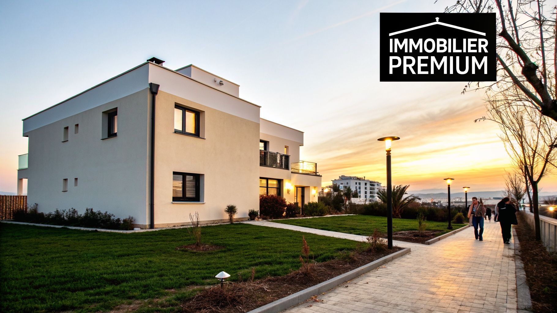 Coucher de soleil idyllique sur des résidences modernes avec jardins luxuriants et allées pavées, sous le logo Immobilier Premium.