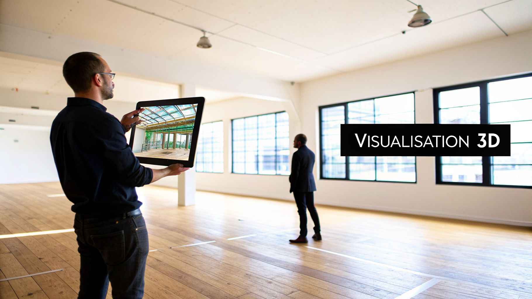 Un homme tient une tablette affichant une visualisation 3D d'une salle de sport moderne dans un espace vide.