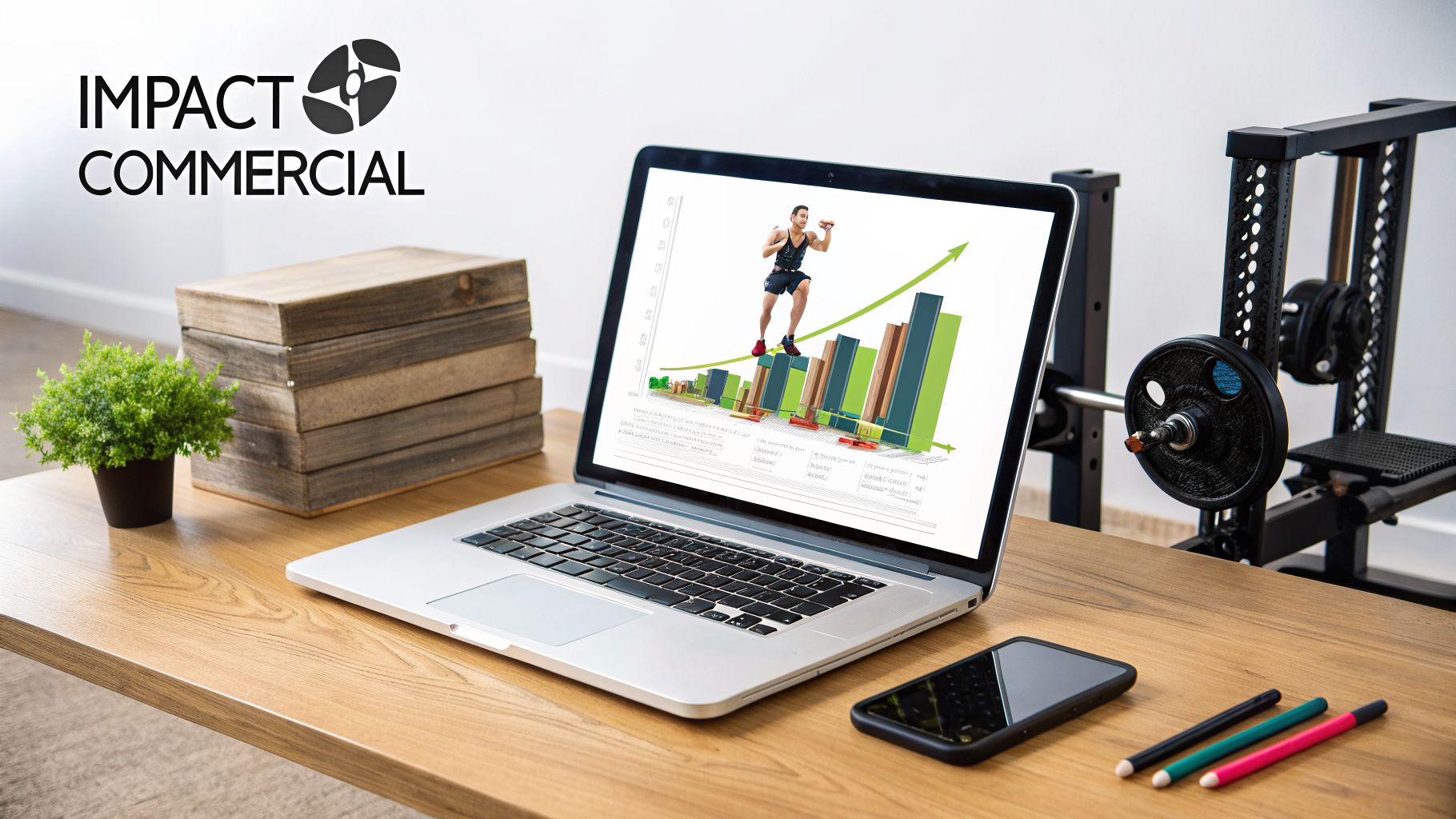 Un ordinateur portable sur un bureau en bois affichant un graphique de croissance avec un athlète.