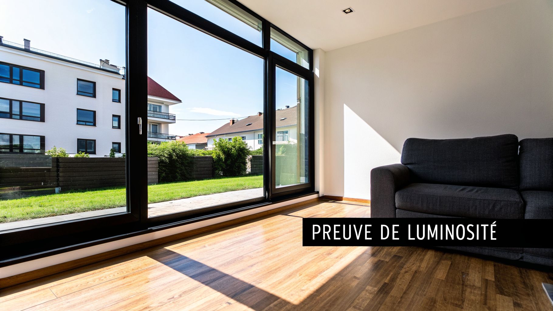 Un salon moderne et lumineux avec une grande baie vitrée offrant une vue sur un jardin verdoyant et des maisons, montrant la luminosité.