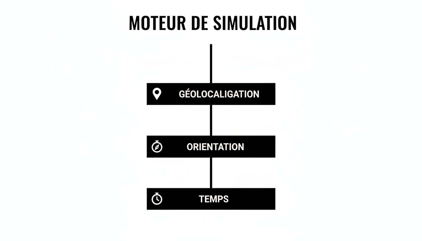 Diagramme du moteur de simulation illustrant ses composants : géolocalisation, orientation et temps, sur fond blanc.