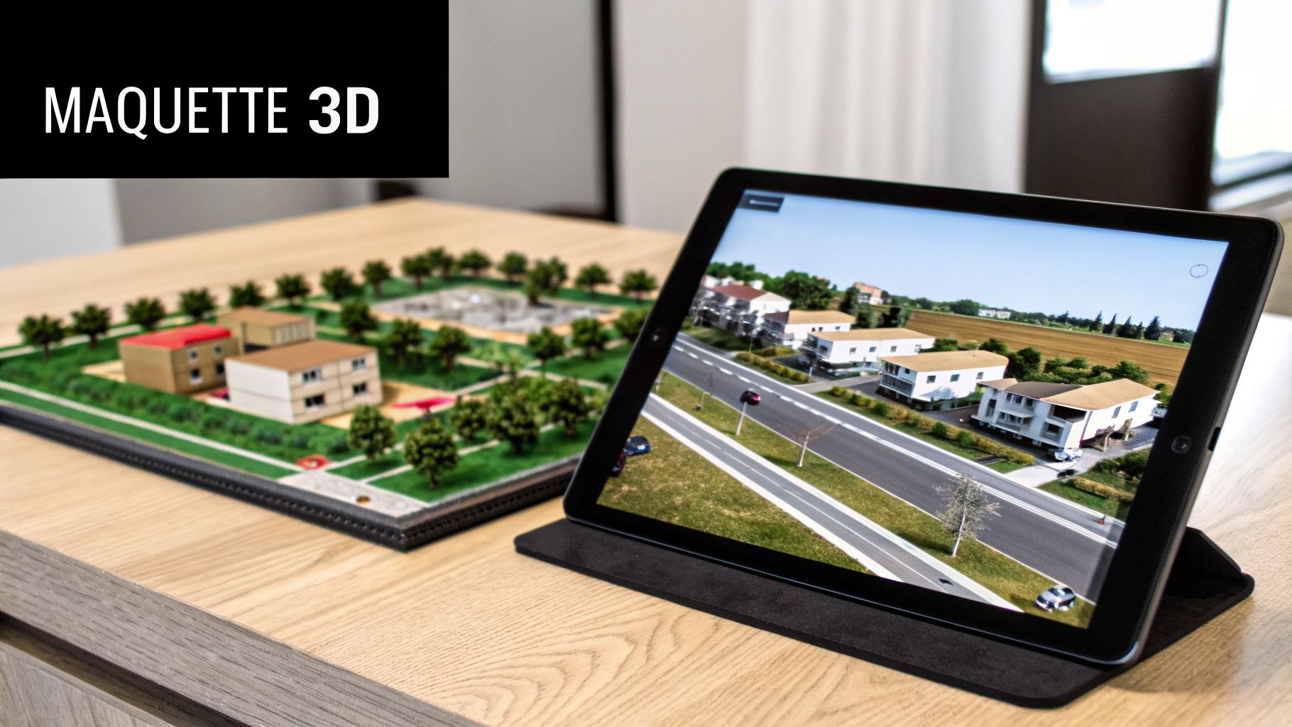 Maquette 3D d'un lotissement résidentiel à côté d'une tablette présentant une vue numérique du projet.
