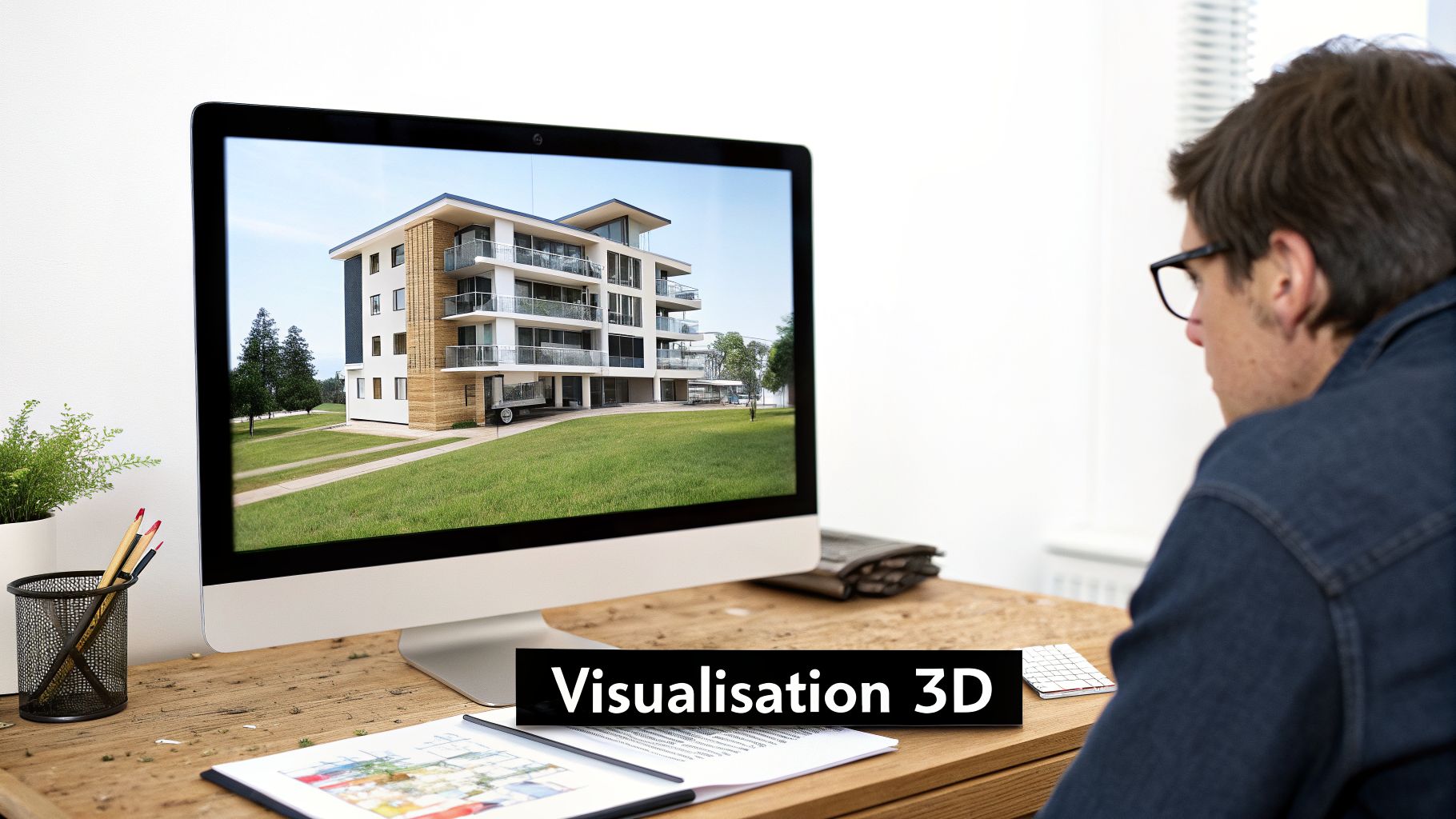 Une personne regarde un écran d'ordinateur affichant une visualisation 3D d'un bâtiment moderne avec des balcons et un environnement paysager.