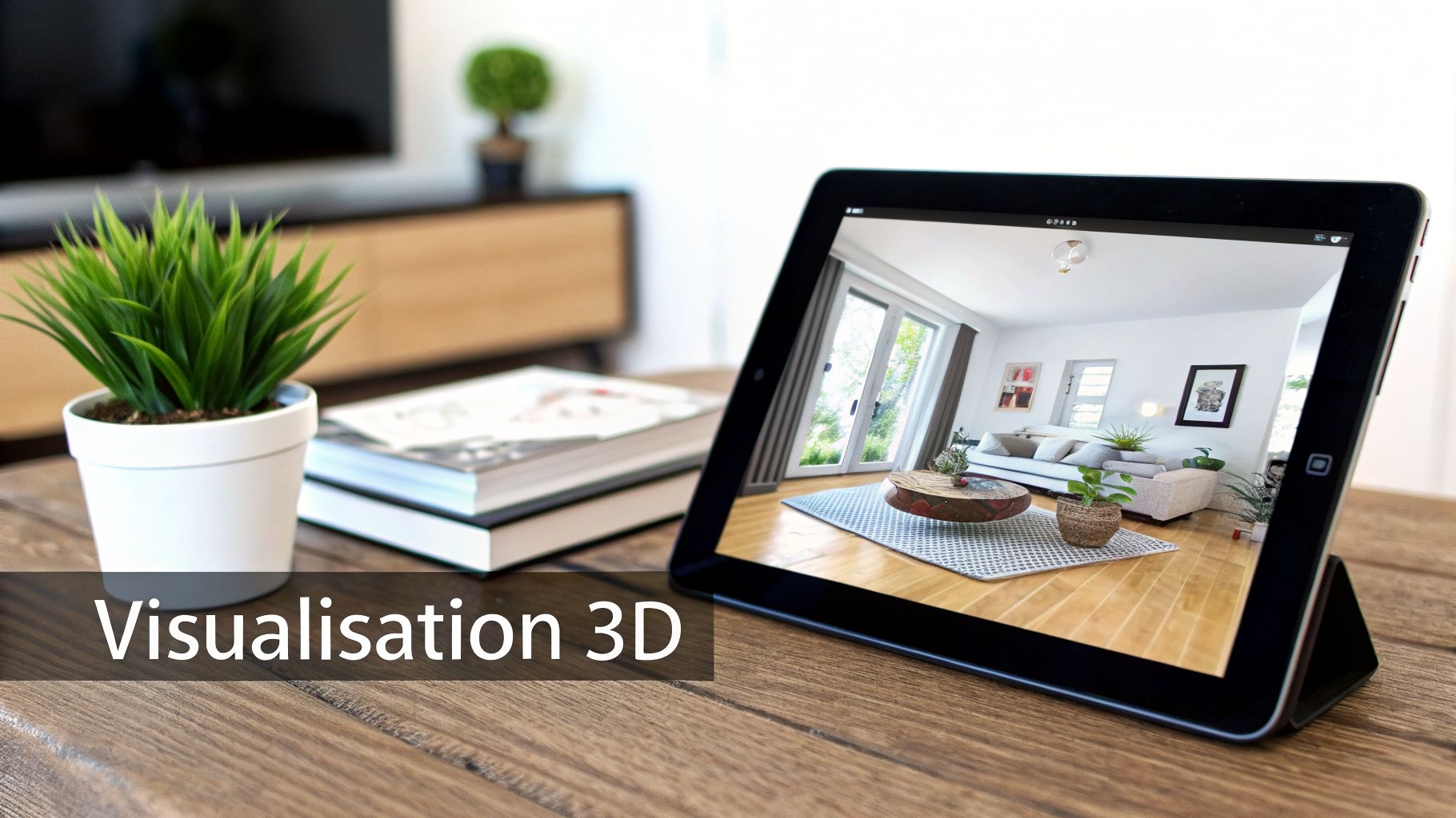 Une tablette affiche une visualisation 3D d'un salon moderne sur une table en bois avec une plante.