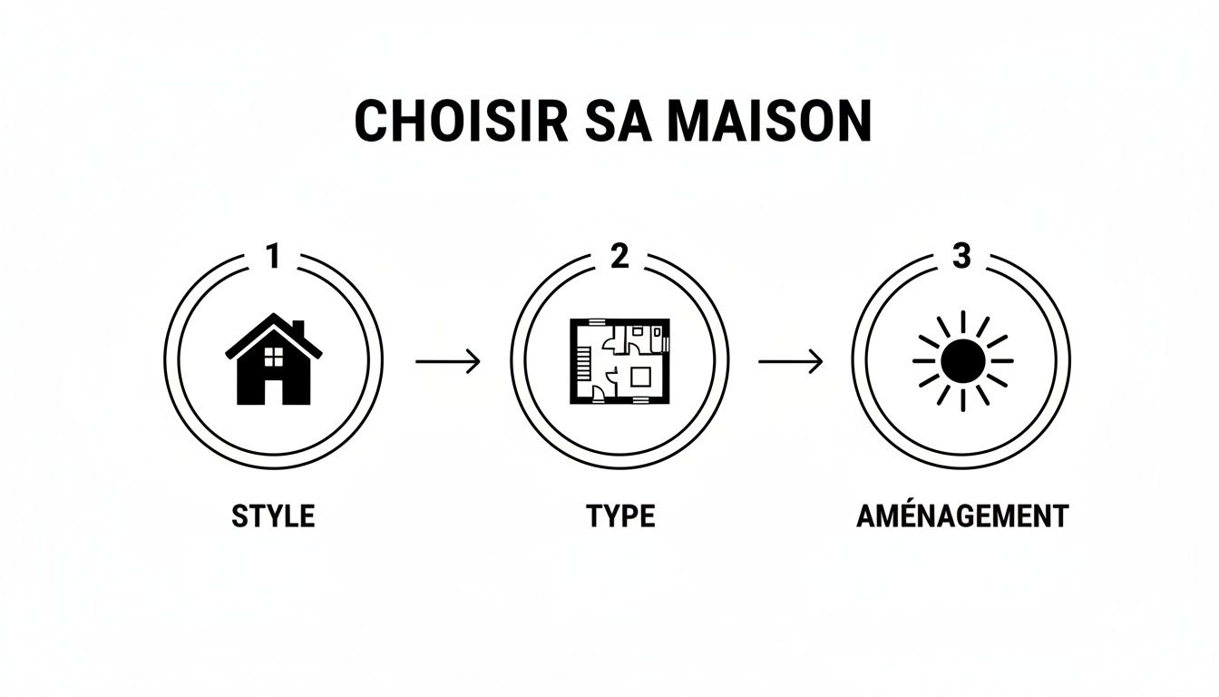 Processus en trois étapes pour choisir une maison: style, type de plan, et aménagement intérieur.