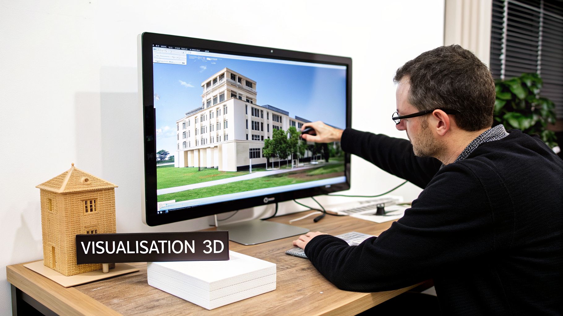 Un homme crée une visualisation 3D architecturale d'un bâtiment sur un ordinateur, avec une maquette physique à côté.