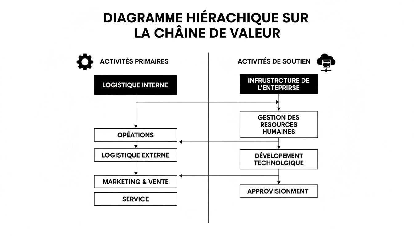 Diagramme hiérarchique de la chaîne de valeur de Porter, illustrant les activités primaires et de soutien d'une entreprise.