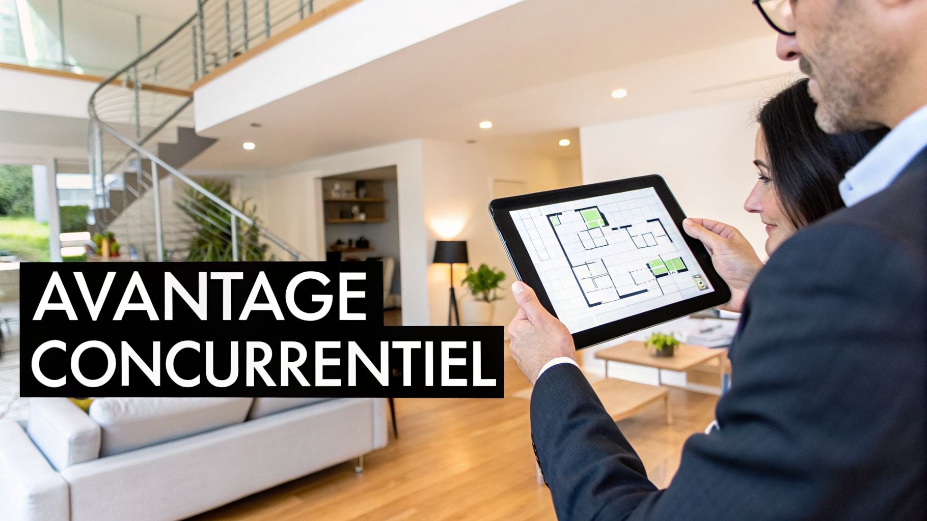 Un homme et une femme regardent un plan d'étage sur une tablette dans un salon moderne et lumineux, avec le texte "Avantage Concurrentiel" en surimpression.