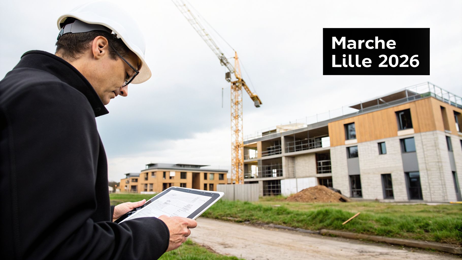 Un ingénieur en casque de sécurité consulte une tablette sur un chantier de construction avec des bâtiments modernes et une grue. Mention "Marche Lille 2026".