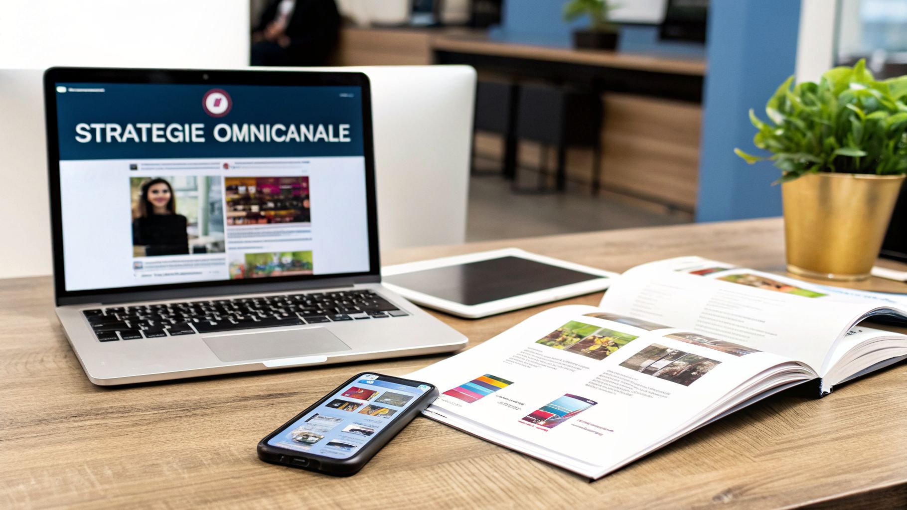 Un bureau avec un ordinateur portable affichant 'STRATÉGIE OMNICANALE', une tablette, un smartphone et un magazine ouvert.