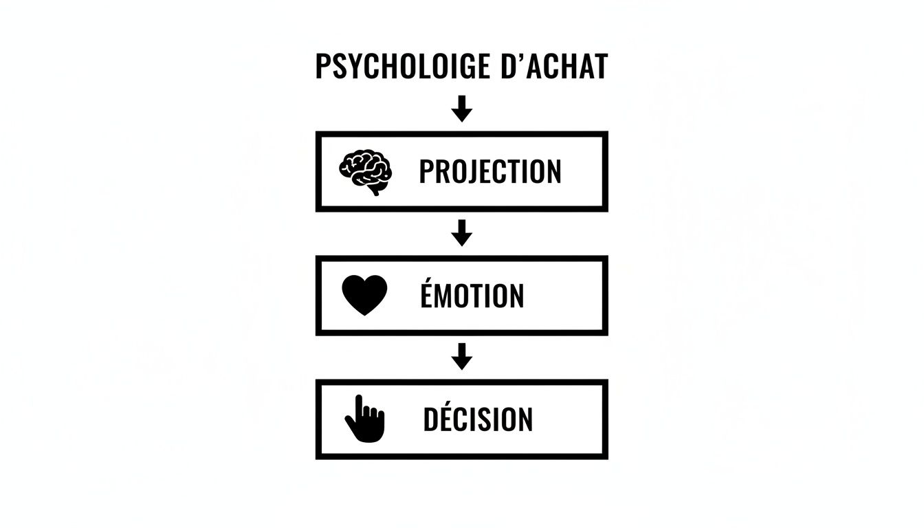 Diagramme de la psychologie d'achat, illustrant les étapes de projection, émotion et décision du consommateur.