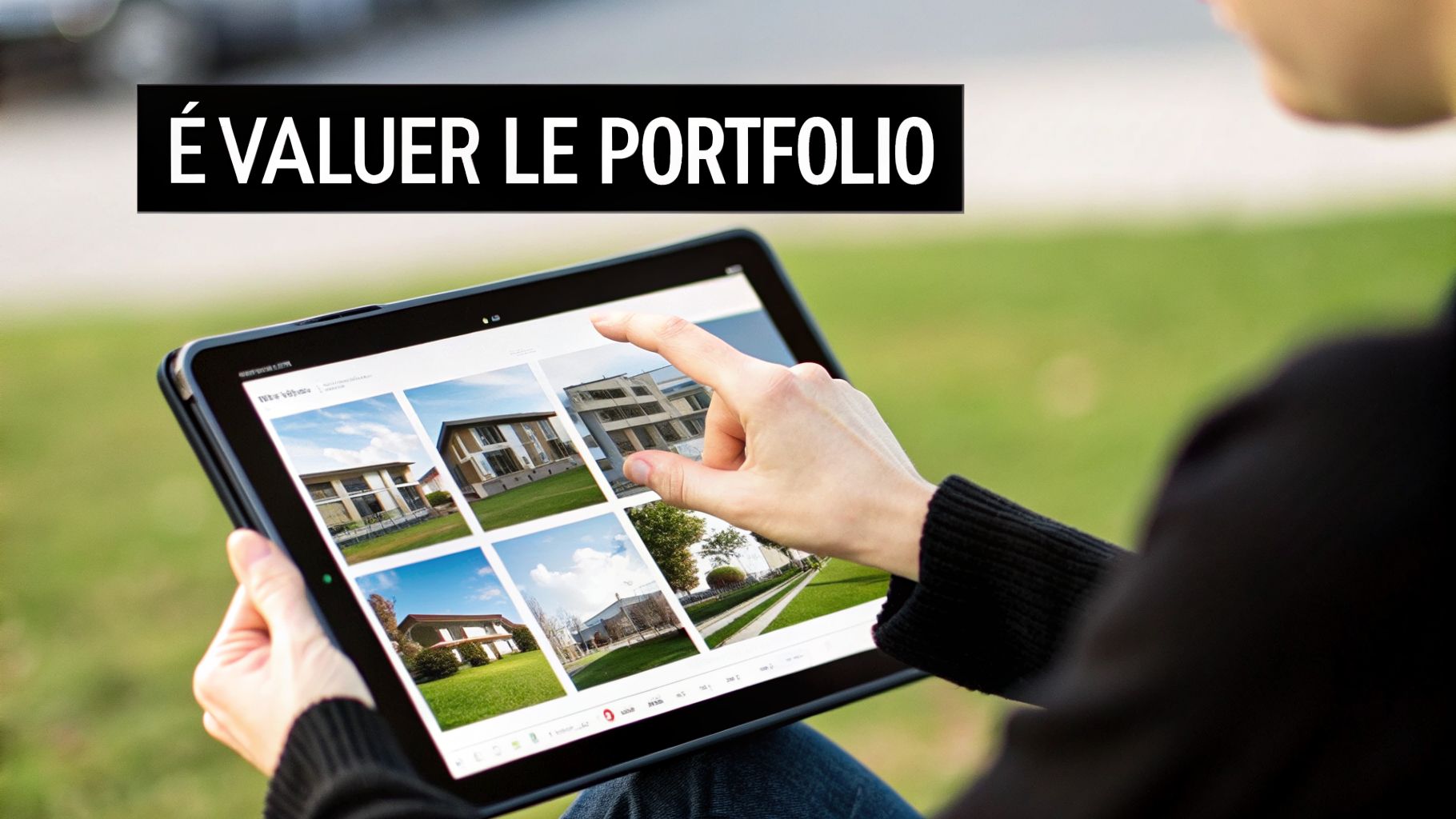 Une personne navigue dans un portfolio immobilier sur une tablette, montrant des maisons modernes, avec le texte 'ÉVALUER LE PORTFOLIO'.