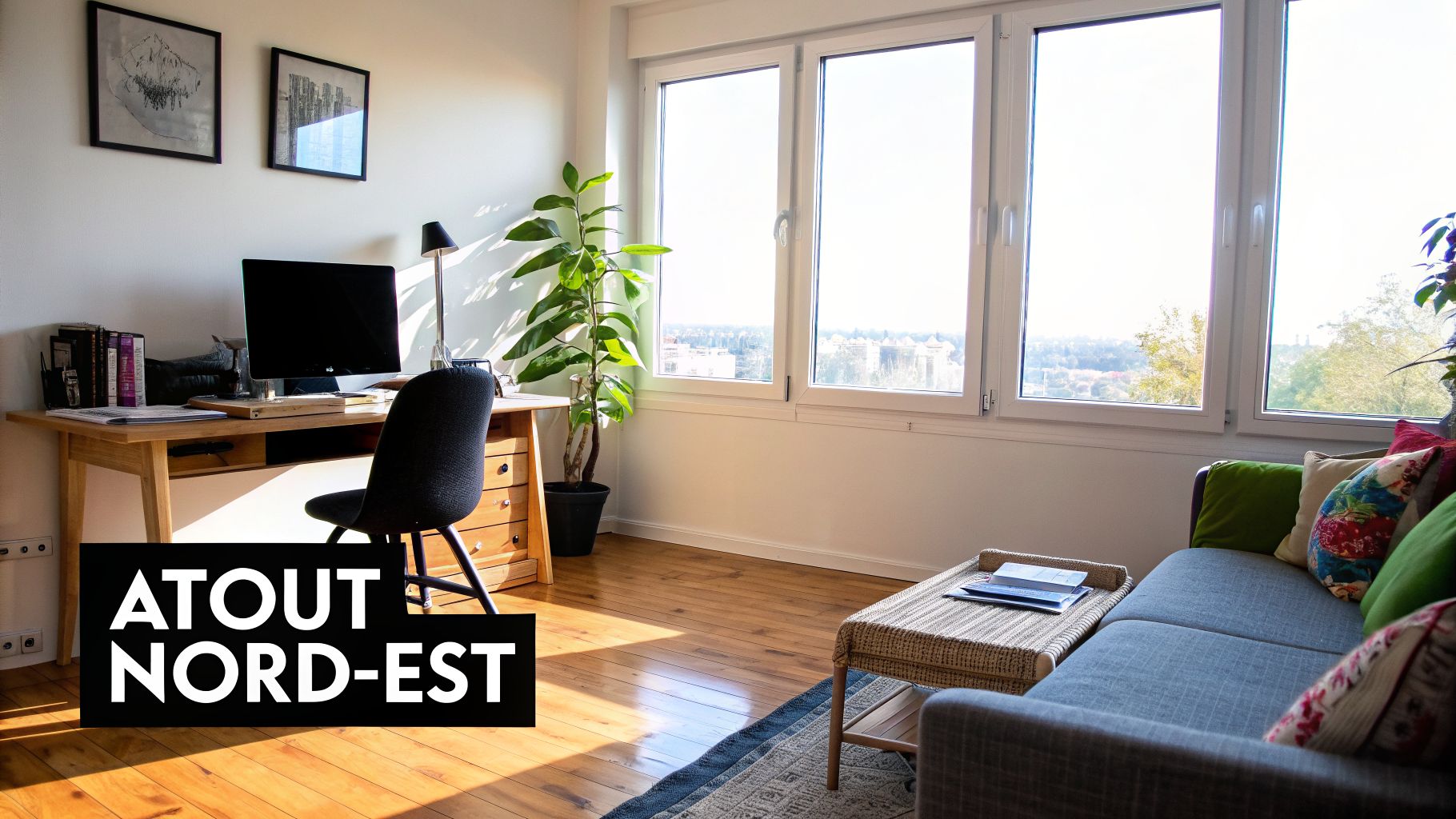 Un bureau lumineux avec un ordinateur et une chaise, à côté d'un canapé, près d'une grande fenêtre offrant une vue sur la ville. Texte: ATOUT NORD-EST.
