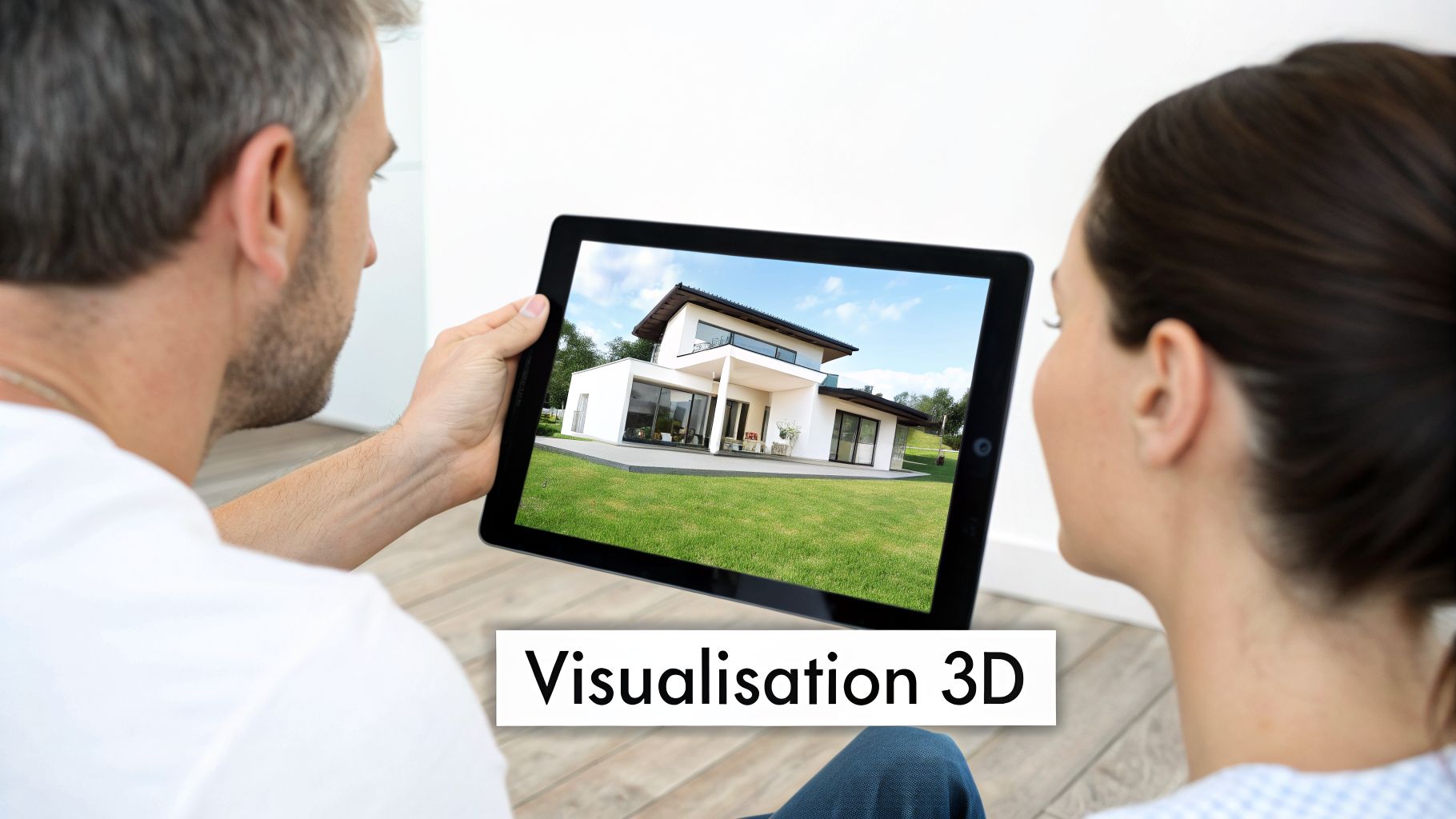 Un couple regarde une tablette affichant la visualisation 3D d'une maison moderne avec pelouse verte.