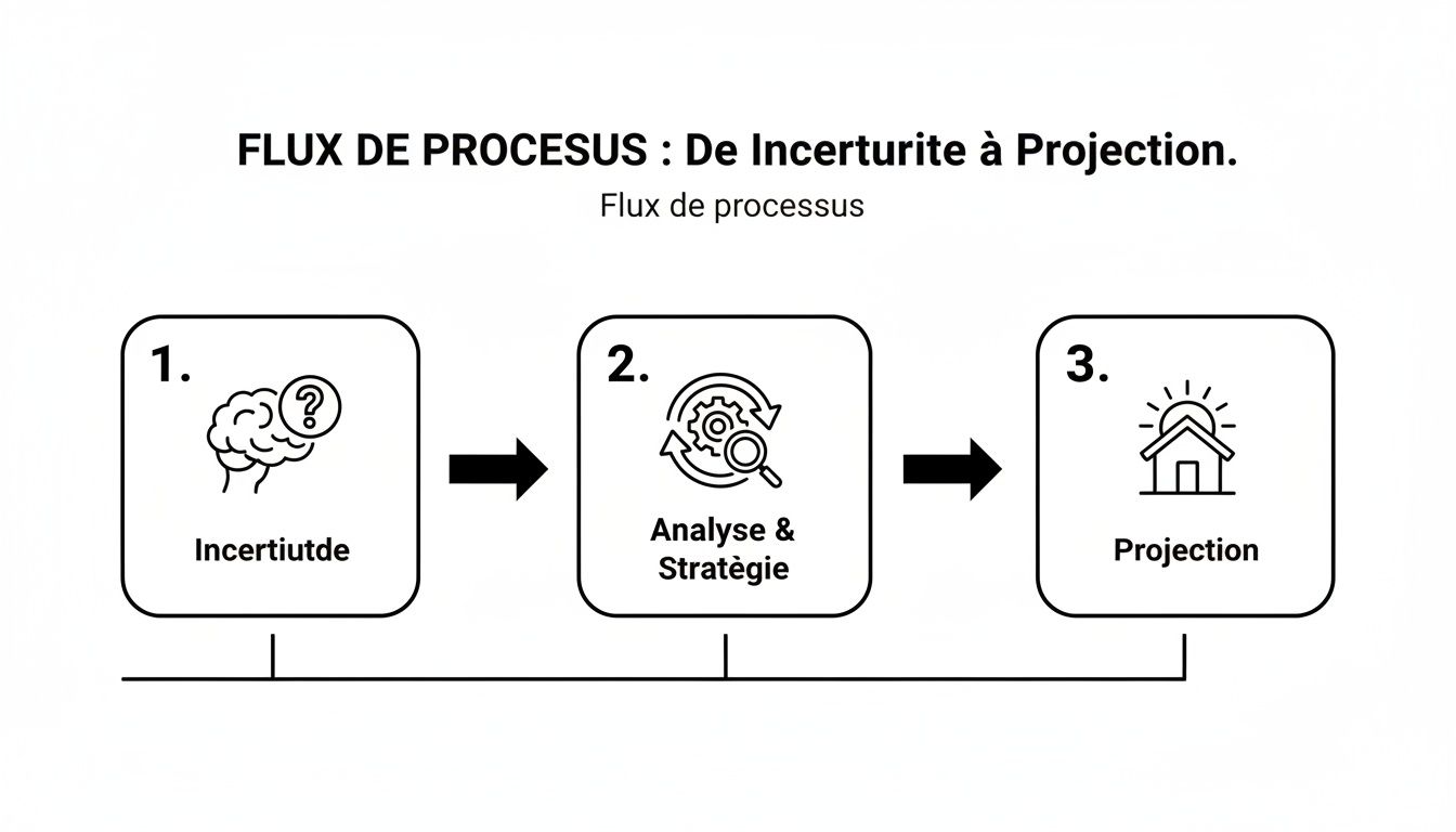 Diagramme de flux expliquant le processus de transformation de l'incertitude à la projection via l'analyse et la stratégie.
