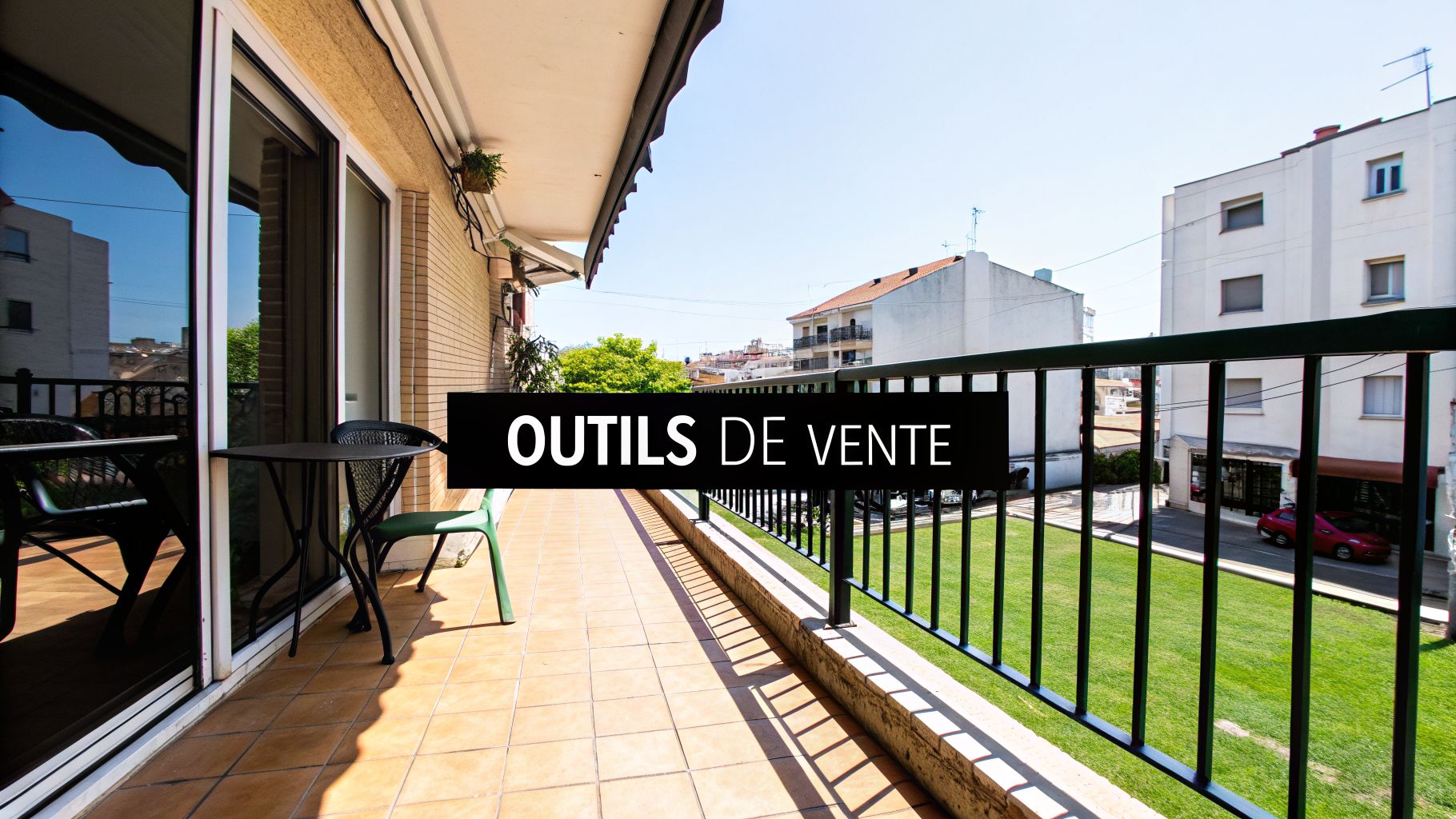 Balcon ensoleillé avec table et chaises, donnant sur une cour verte et des bâtiments, avec texte « OUTILS DE VENTE ».