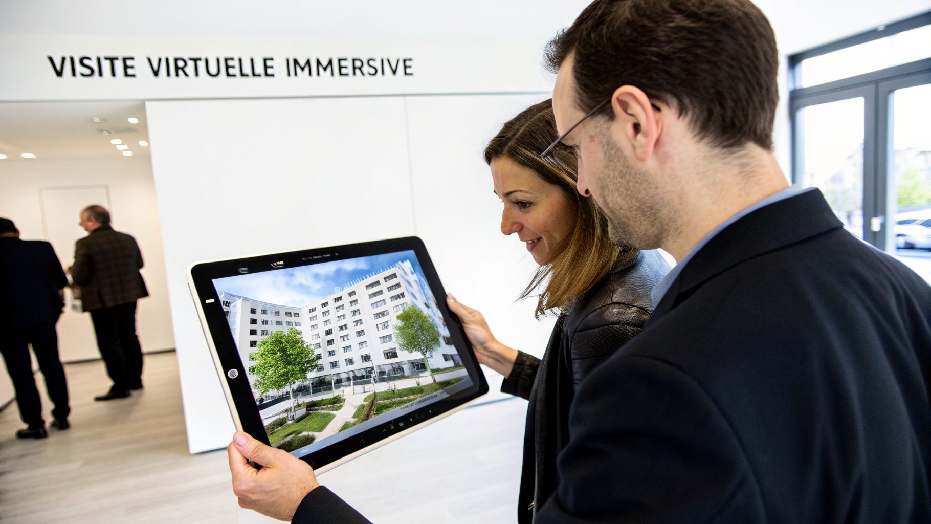 Deux personnes consultent une visite virtuelle immersive d'un bâtiment moderne sur une tablette.