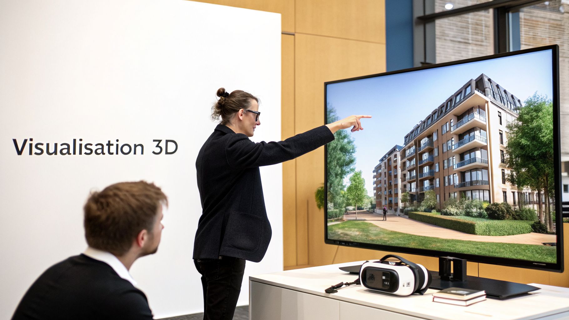 Une personne présente une visualisation 3D architecturale sur grand écran, avec un casque VR à proximité.