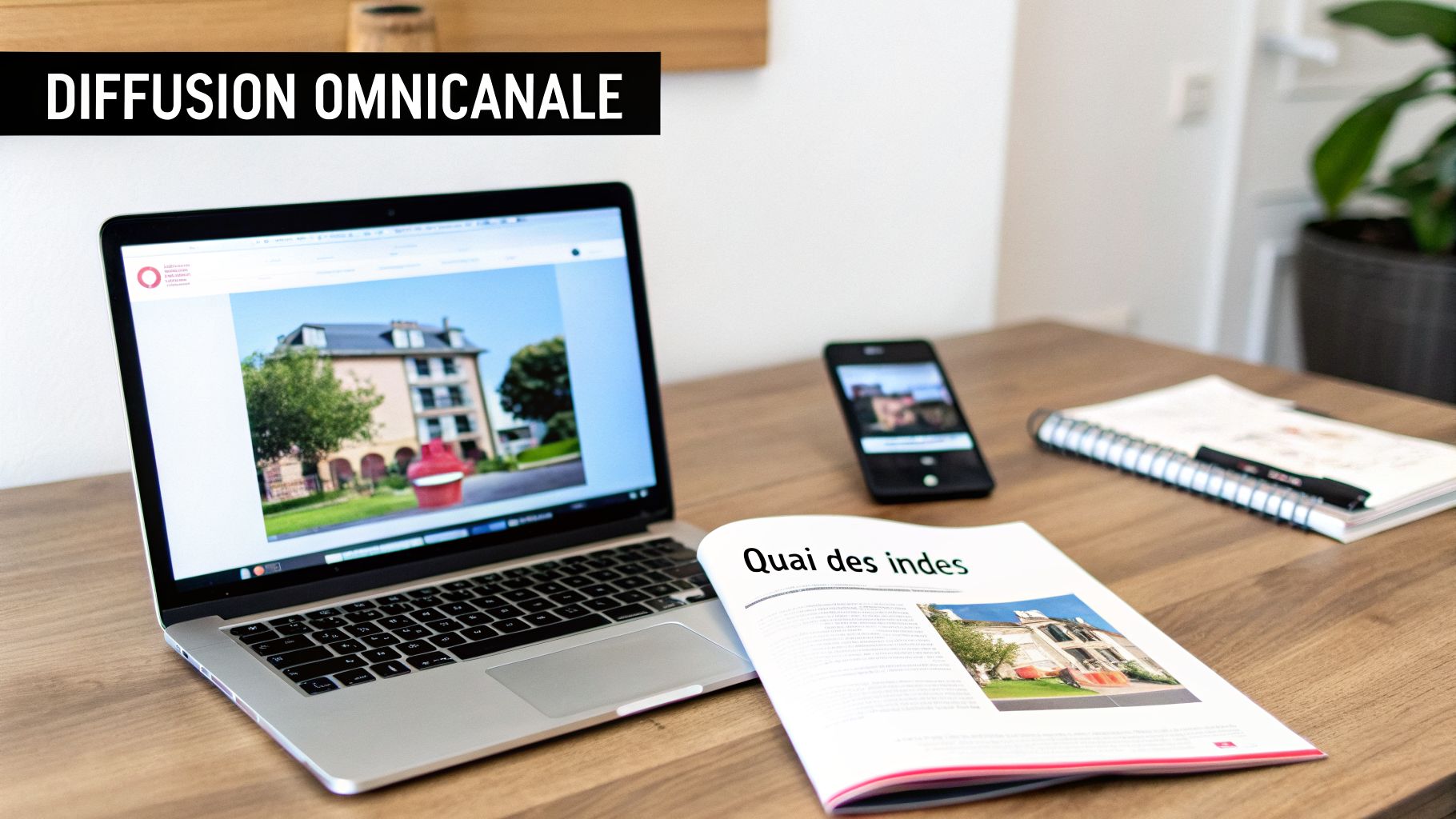 Ordinateur portable, smartphone et magazine sur un bureau, illustrant une diffusion omnicanale de contenu.