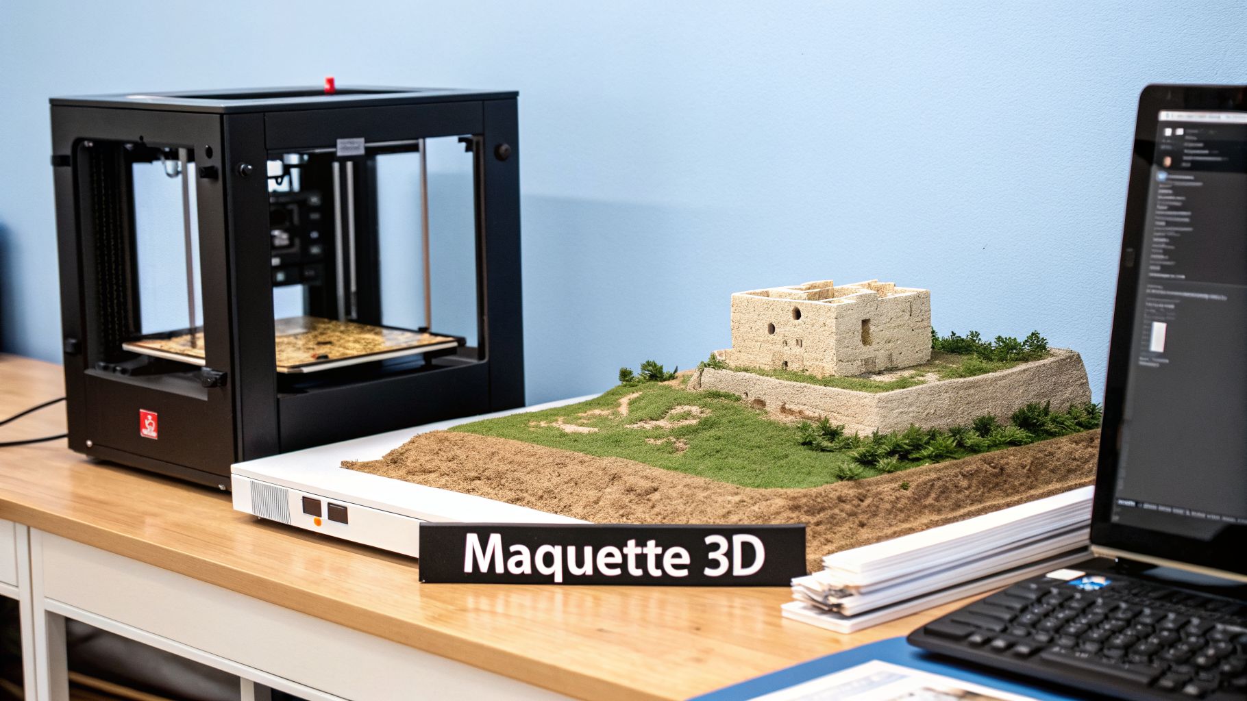 Imprimante 3D noire près d'une maquette détaillée d'un bâtiment historique sur paysage, avec un ordinateur portable et un panneau Maquette 3D.