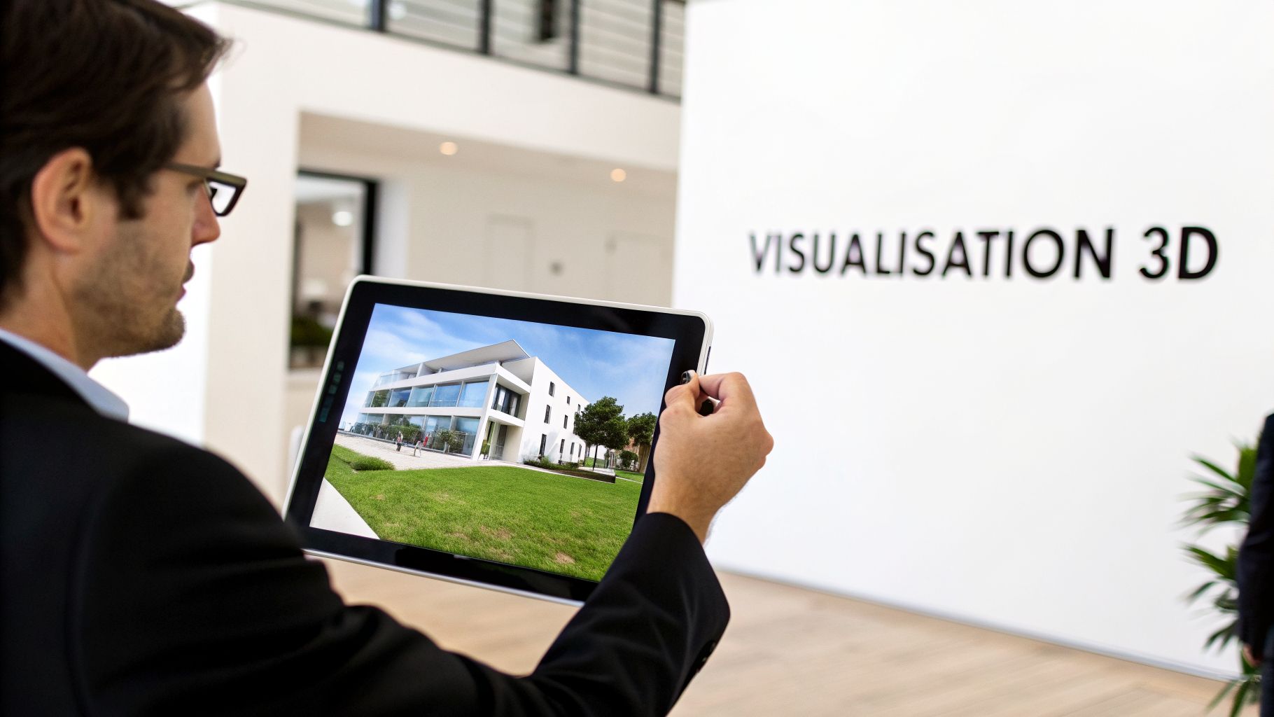 Homme tenant une tablette affichant une visualisation 3D d'un bâtiment moderne, avec "VISUALISATION 3D" en arrière-plan.