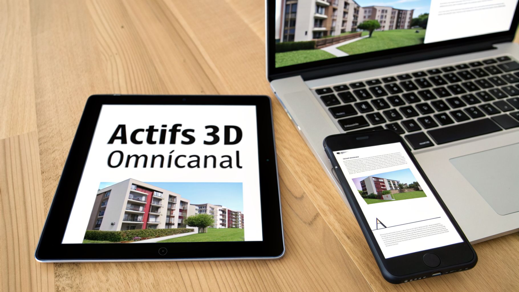 Une tablette, un ordinateur portable et un smartphone affichent des images immobilières et le texte 'Actifs 3D Omnicanal' sur une table en bois.