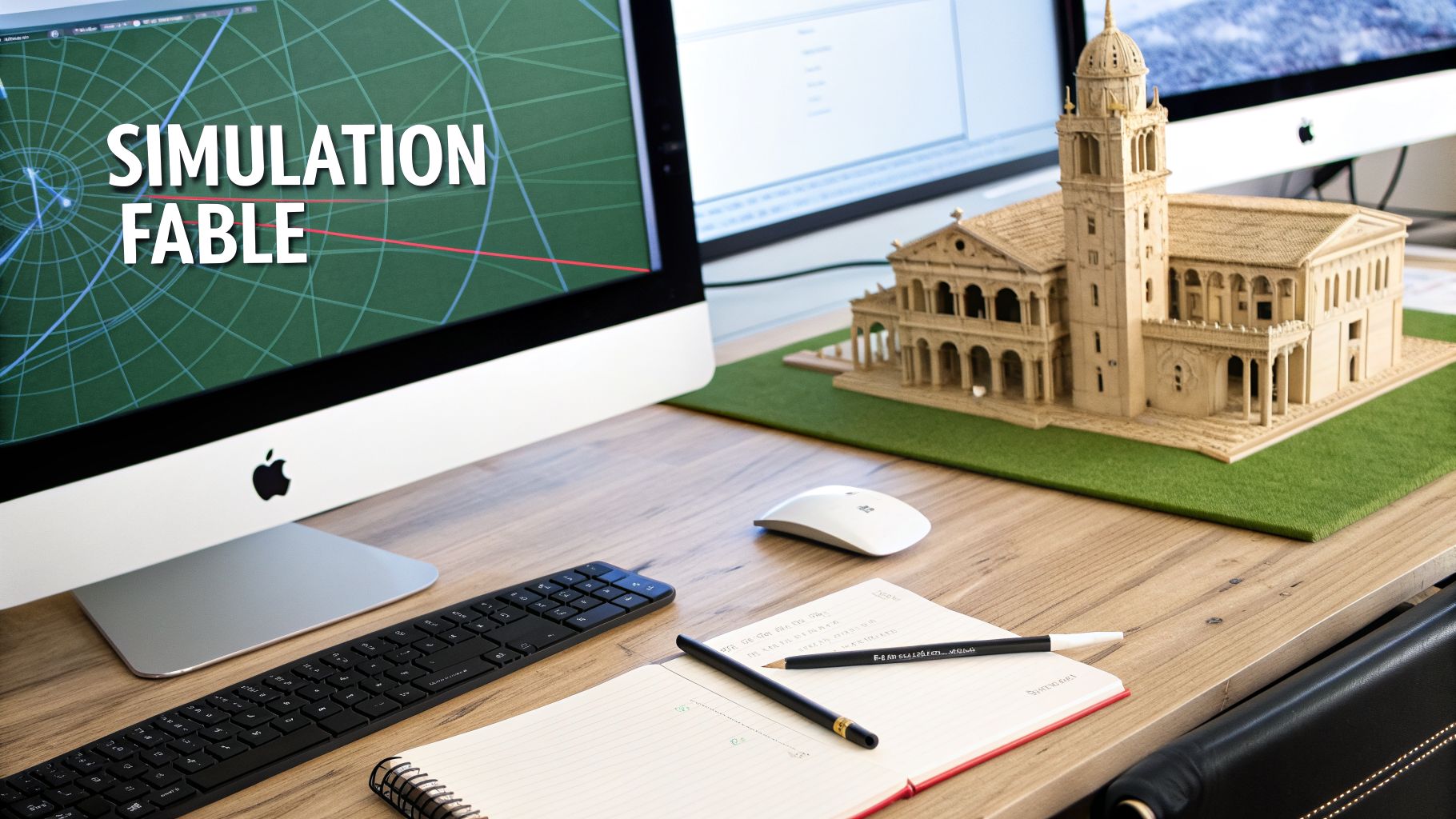 Un bureau avec deux iMac, un clavier, une souris, un carnet et un modèle architectural, montrant une simulation sur écran.